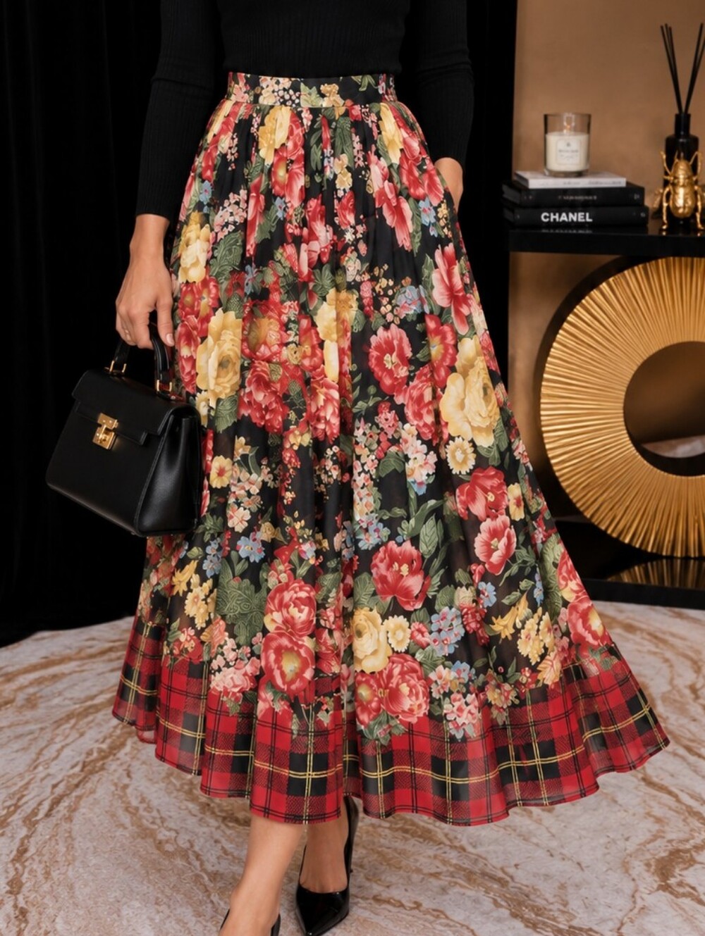 Vintage 90s J.G. Hook Floral Tartan Plaid Full Midi Skirt Rayon Size 10